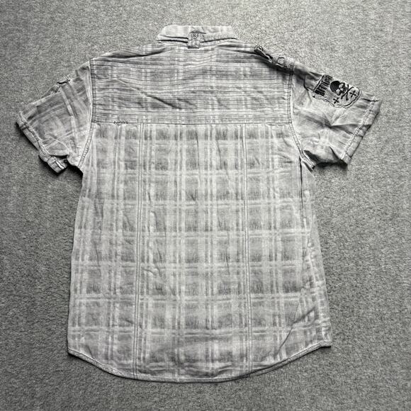 Affliction X Buckle Short Sleeve Button Down Shirt Men's XL Gray Skull Pockets - Picture 5 of 7